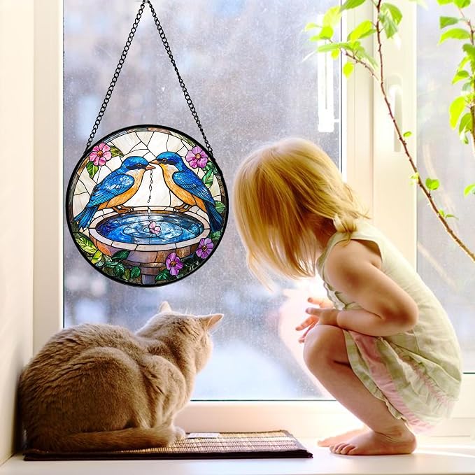 DASTOLL Stained Glass Window Hanging, 2 Blue Birds Suncatcher Diamond Glass Panel Hangings Bird Lover Sun Catchers Decor for Birthday for Women, Men, Wife, Aunt, and Mom 9.8 in