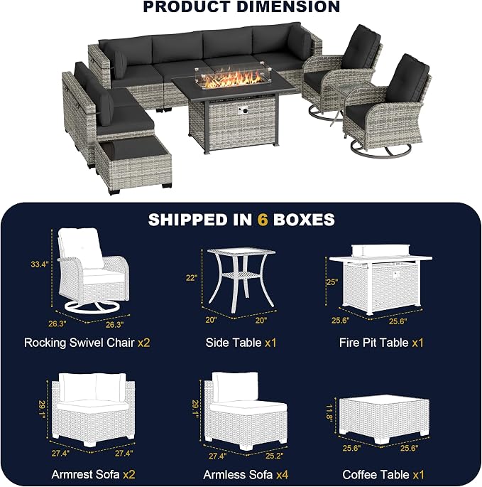 11-Piece Outdoor Patio Furniture Set with Rocking Swivel Chair, Wicker Rattan Sectional Sofa Conversation Set with 55,000 BTU Fire Pit Table, Backyard Furniture, Dark Grey