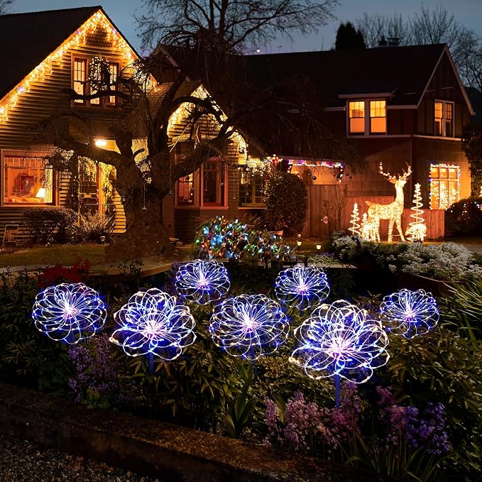 Solar Garden Lights for Outdoor Decor, Waterproof 2 Pack Solar Powered Firework Stake 120 LED Sparklers String Lights for Yard Pathway 4th of July Decorations(Colorful)