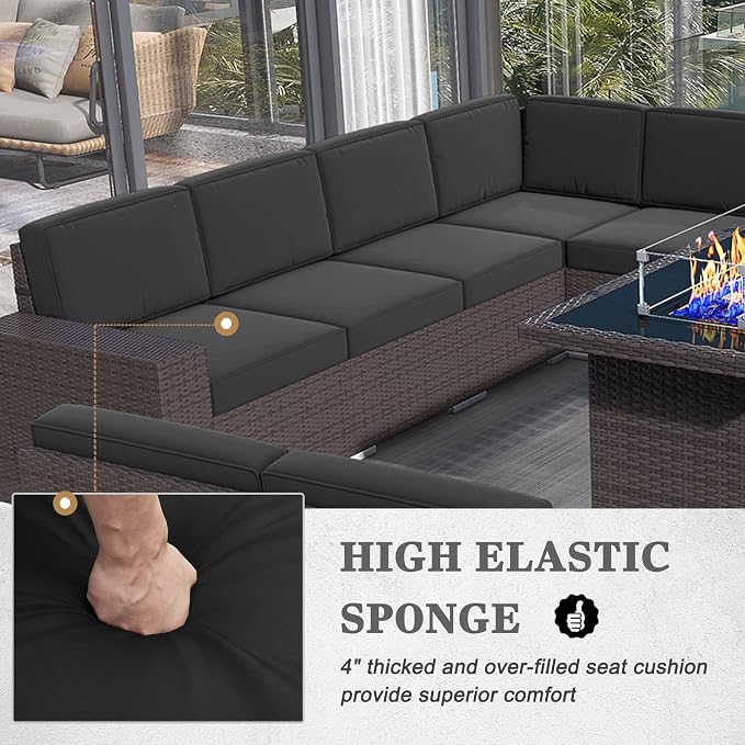 13 Pieces Patio Furniture Set with 44" Propane Gas Fire Pit Table, Outdoor Sectional Brown Rattan Wicker Conversation Sofa Sets with Coffee Table