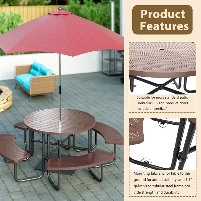 46'' Round Metal Picnic Table with 1.78" Umbrella Hole, Heavy-Duty Stainless Steel Mesh Top Outdoor Table, Rust Resistant Weatherproof Patio Dining Table, For Backyard, Garden & Picnic, Coffee
