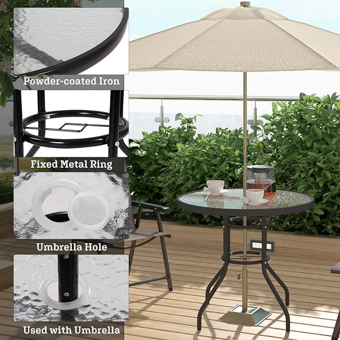 soges 31.5in Outdoor Patio Bistro Coffee Tea Table, Round Tempered Glass Steel Frame Dining Table with Umbrella Hole, All Weather Outside Desk for Garden Lawn Balcony Backyard, Black 30LHYW-OT05BK80