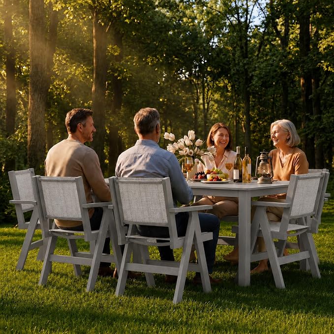 7-Piece Patio Dining Table Set, 69" Rectangle HDPE Outdoor Table & 6 Textilene Chairs Set with 2" Umbrella Hole, Wood-Look Finish, All-Weather Dining Set for Backyard, Poolside, Light Gray