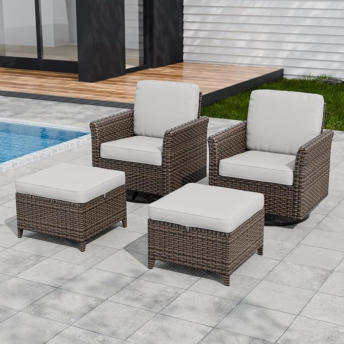 COOS BAY Harbor Retreat 4 Piece Outdoor Furniture Set, Patio Conversation Set with Swivel Rocking Chairs and Ottomans, Wicker Furniture, Brown/Beige
