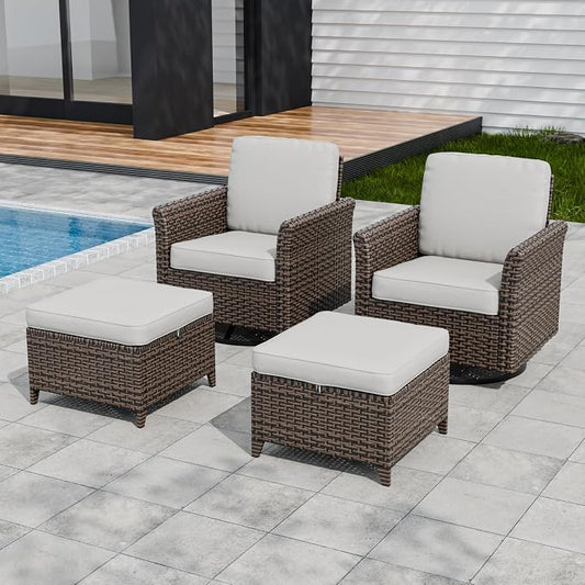 COOS BAY Harbor Retreat 4 Piece Outdoor Furniture Set, Patio Conversation Set with Swivel Rocking Chairs and Ottomans, Wicker Furniture, Brown/Beige