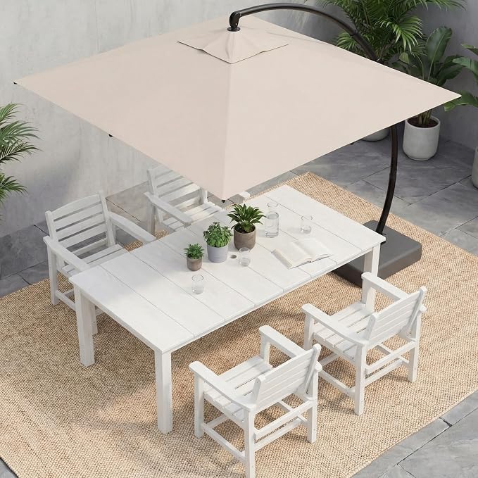 5-Piece Outdoor Dining Set, 10x10FT Cantilever Umbrella for 4,White | HDPE table, chairs included, aluminum frame, weather-resistant furniture, perfect for yard, lawn, garden, deck