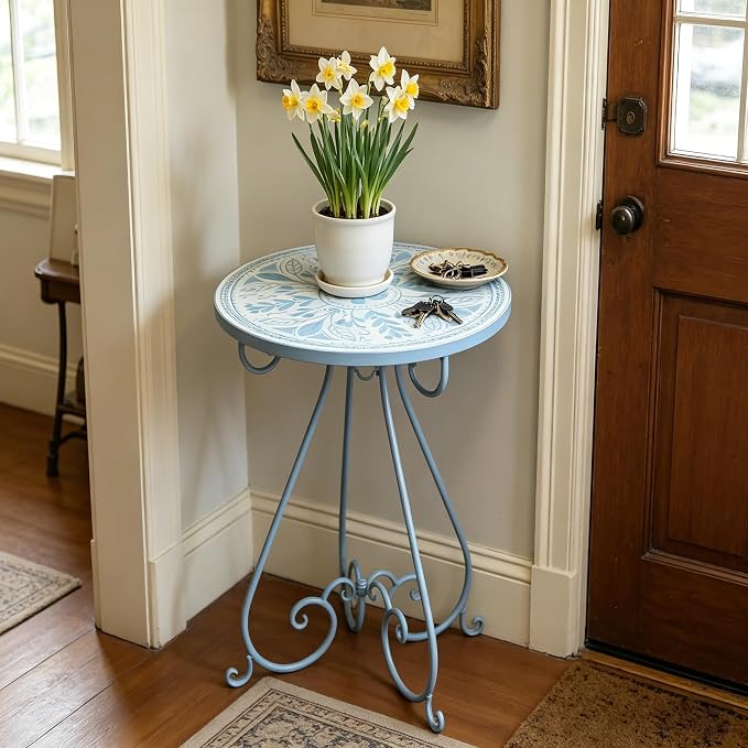 Outdoor Side Table & Mosaic Ceramic Plant Stand, 14" Metal Round End Table for Garden Home Patio Yard Porch Patio Decor Weather Resistant Outside Accent End Furniture (Flower#1)