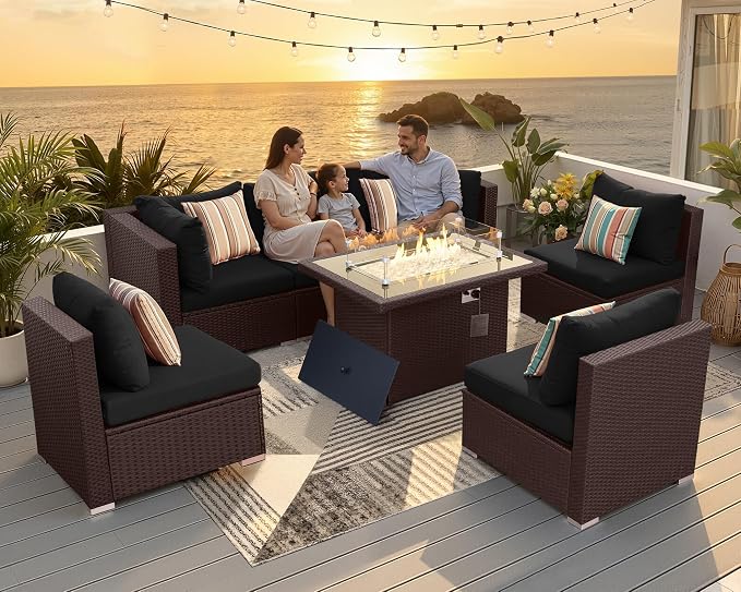 NICESOUL 7 Piece Outdoor Patio Furniture Set with Fire Pit Table Natural Gas/Propane, Tall Wide Deep Sectional Couch Sofa for Outside, 29.3'' High Back Backyard Sitting, Brown Rattan and Black Cushion