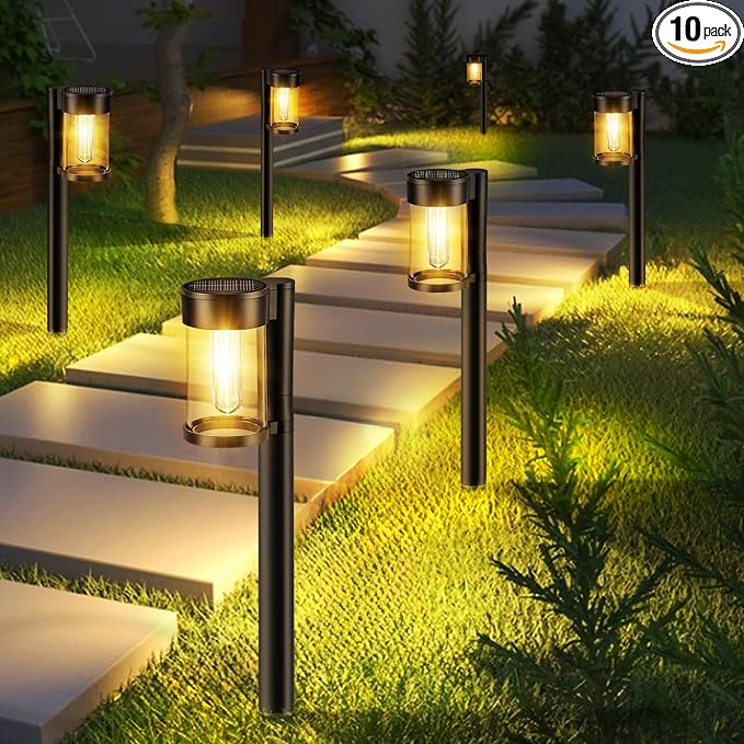 Mancra Solar Pathway Lights Outdoor, 10 Pack Metal & Glass Solar Lights Outdoor Waterproof Landscape Path Lights for Yard Walkway Garden Decor, Warm White