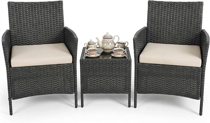 3 Piece Patio Furniture Set, Outdoor Deck Rattan Chair Wicker Combo Furniture, All Weather Dialogue Rattan Sofa With Upholstery and Glass Table for Garden, Backyard, Porch, Lawn, Pool, Black