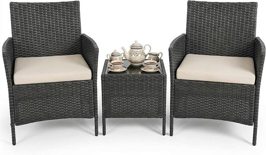 3 Piece Patio Furniture Set, Outdoor Deck Rattan Chair Wicker Combo Furniture, All Weather Dialogue Rattan Sofa With Upholstery and Glass Table for Garden, Backyard, Porch, Lawn, Pool, Black