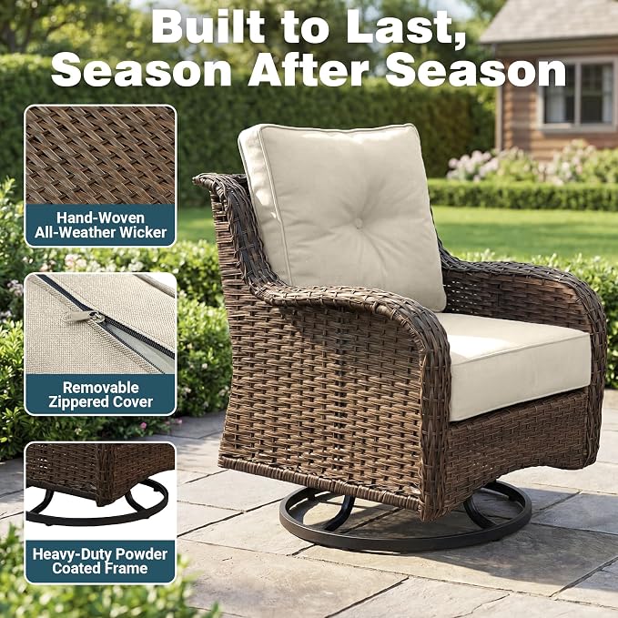 Luxury Patio Conversation Set, 3-Piece Ergonomic High Back Wicker Swivel Chair Set with 6-Inch Deep Seating Cushions, Large Patio Furniture Set for Garden, Deck & Balcony, Beige