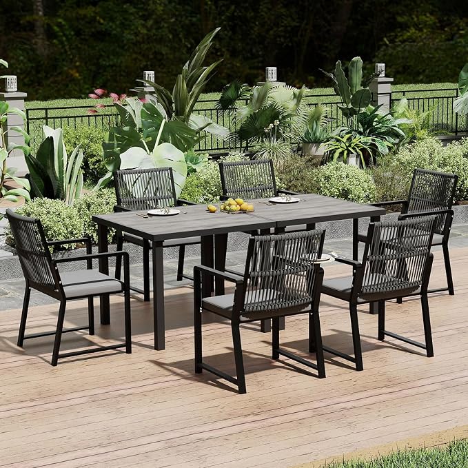 8 Pieces Outdoor Dinning Set Featuring 2 Aluminum Tables and 6 Iron Alloy Ratten Chairs Waterproof and Rust-Proof Courtyard Style Table Garden Balcony Poolside, Black 8 Pcs