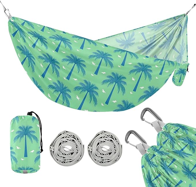 Camping Hammock Outdoor Hammocks for Outside Green Palm Tree Beach Trees Portable Lightweight with Pockets Tree Straps Indoor