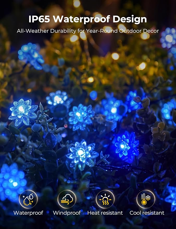 Brightown 50 LED Flower Solar String Lights Outdoor Waterproof, Blue | Solar Powered Fairy Lights with 8 Modes for Garden Fence Yard Patio Christmas Tree Party Wedding Decor