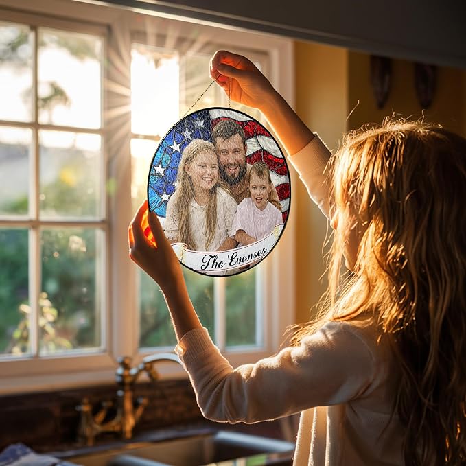 Personalized 4th of July Stained Glass Window Hanging Suncatcher, Custom Military Family - 4th of July Patriotic Family Photo Window Decor, Memorial Keepsake Gift (4th of July)