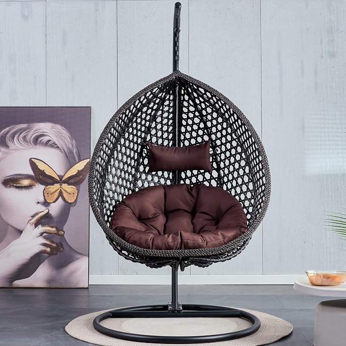 Hanging Egg Swing Chair with Stand, Rattan Wicker Hanging Egg Chair Hammock Indoor with Cushions, Swinging Chair for Bedroom Outdoor Patio Balcony Backyard Sunroom Heavy Duty 350LBS (Black)