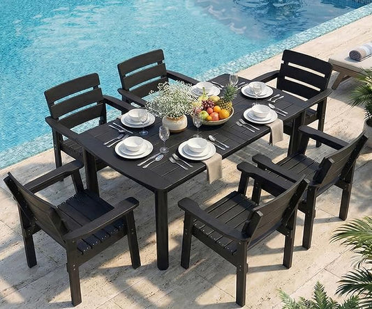 7-Piece Outdoor Dining Set, All-Weather HIPS Patio Table & Chairs for 6, Outdoor Furniture with Umbrella Hole, Ideal for Garden, Poolside, Backyard, Deck, Black