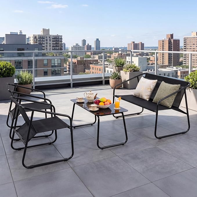 DUMOS 4 Piece Patio Furniture Set，Outdoor Patio Furniture Set with Table, patios Table and Chairs Sets, Sectional Bistro Sets for Lawn, Garden, Balcony, Pool, Poolside