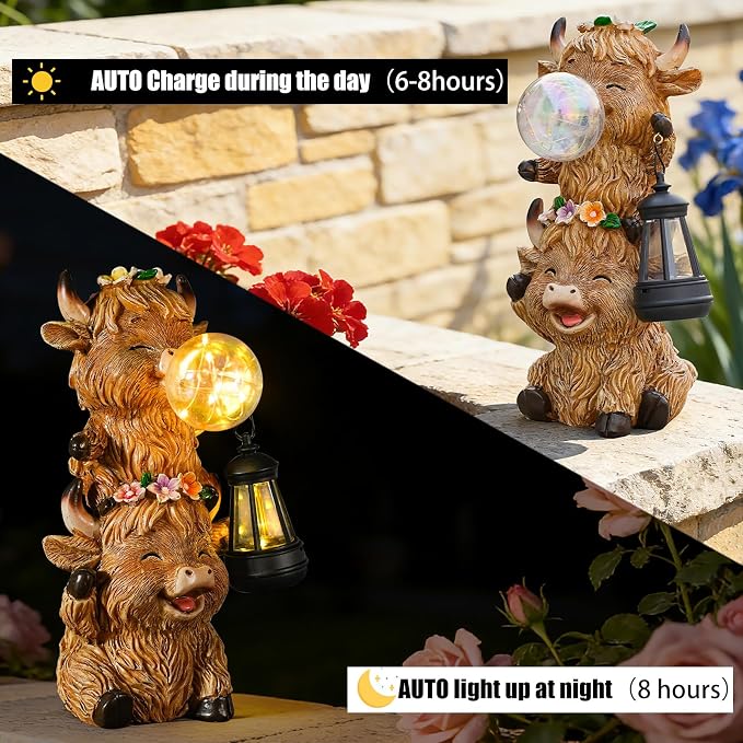 Joint Honglin Solar Highland Cow Garden Statue, Cute Resin Outdoor Decor with Glowing Lantern & Light-Up Bubble, Waterproof Solar Yard Ornament for Lawn, Patio & Garden Decorative Gift (Brown Cow)