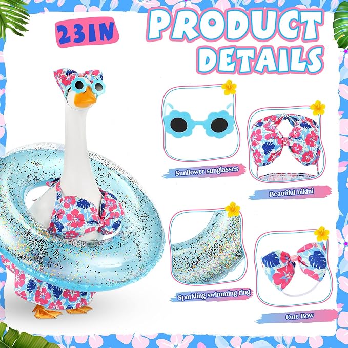 Bikini Porch Goose Outfits with Sunglasses and Swimming Tube for 23" Summer Goose Costume Garden Patio Statue Decor(Blue Monstera Leaf)