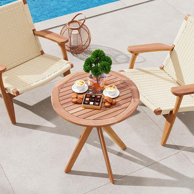 Tangkula 27.5 Inch Acacia Wood Outdoor Patio Bistro Table, Round Wooden Table w/X Base, Coffee Side Bistro Table for Garden, Backyard, Patio, Living Room (Teak)