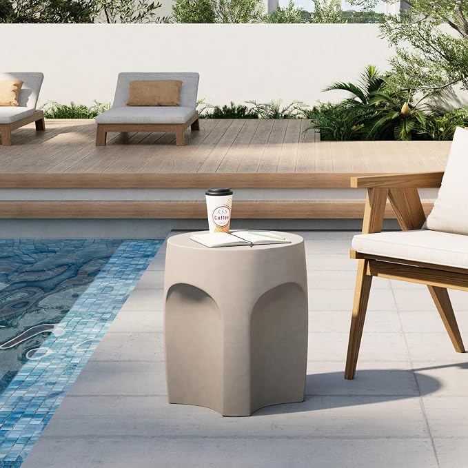HOMPUS Outdoor Side Table Set of 2, Unique Concrete End Table w Arch Shape, Round Patio Accent Table Lightweight, Modern Vintage Garden Tool for Indoor Use, Grey