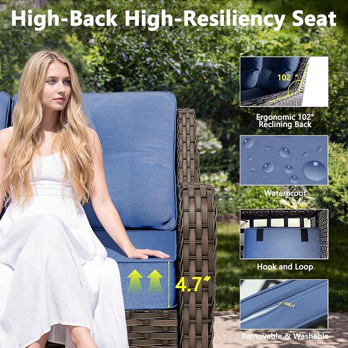 Gotland 7-Pcs Patio Conversation Set, Outdoor Thick Wicker Sectional Sofas with 2 Swivel Rocker Chairs, High Back Sectional Couch, Outdoor Furniture Set for Backyard, Deck, Porch, Navy Blue