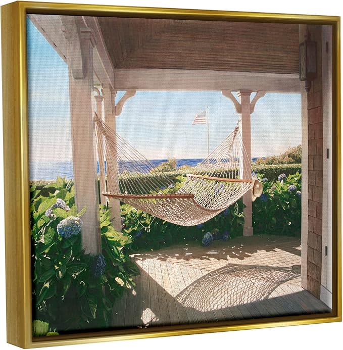 'Tranquil Hammock Warm Sunlit Porch Rural'| Floating Frame Canvas Art | Stupell Industries | Gold, 31 x 25 Inches, Easy to Hang and Sturdy, Made in USA, by Tom Mielko
