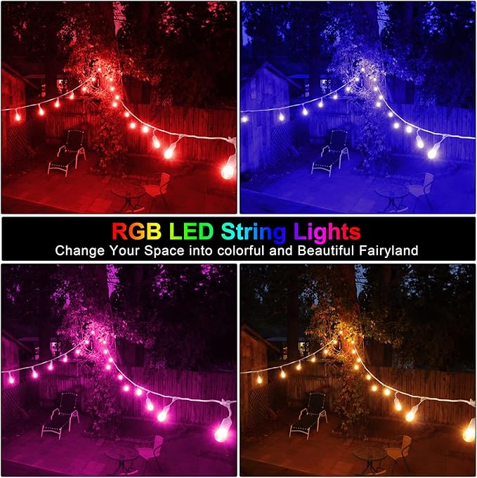 Multicolor 96FT(2x48FT) LED Patio String Lights with Remote, White | Plug in, 8 Lighting Modes, 30+5 S14 RGB Edison Bulbs, Dimmable, Shatterproof, Waterproof, Connectable, for Engagement Wedding