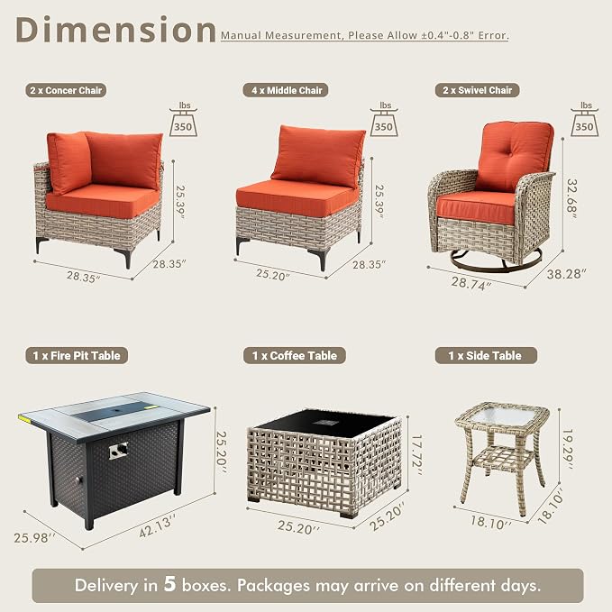 11 Pieces Patio Sectional Furniture Set, Outdoor Wicker Sectional Couch with Firepit Swivel Rocker Chairs Solar Lights Table, Modern Conversation Set for Porch Balcony Backyard, Orange