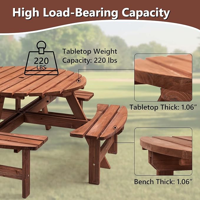 Outdoor Picnic Table for 8 Person, Wooden Picnic Tables with 4 Built-in Benches and Umbrella Hole Outside Table and Bench Set Round Picnic Table for Garden, Backyard, Porch,Patio （Natural