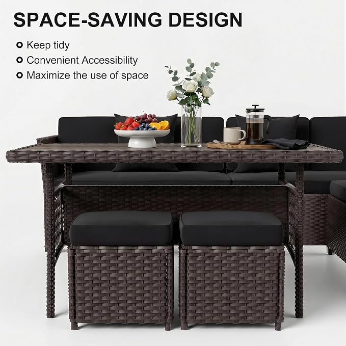 LOUVIXA 7 Pieces Patio Furniture Set, Outdoor Patio Furniture, Wicker Conversation Set with Dining Table, Chairs and Ottoman
