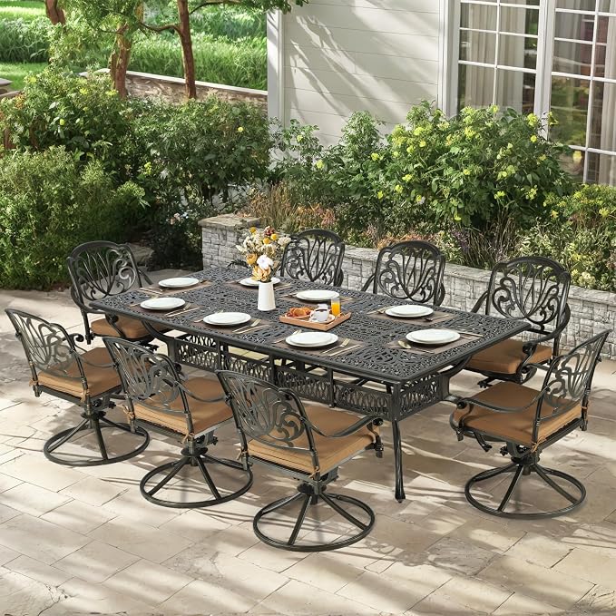 MEETWARM 94.5"x43.5" Cast Aluminum Patio Dining Table, All Weather Large Outdoor Dining Table for 8 Person, Patio Furniture Rectangular Table with Umbrella Hole and Adjustable Foot Pads, Dark Bronze