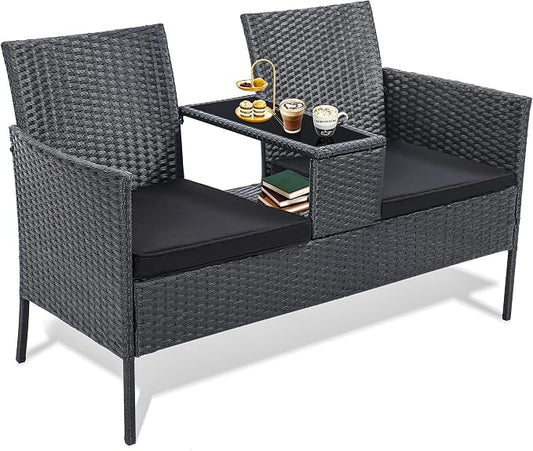 KROFEM Wicker 2-Seat Patio Conversation Sets, Outdoor Rattan Loveseat with Side Table and Removable Soft Cushion, Perfect for Backyard, Garden and Lawn, Black