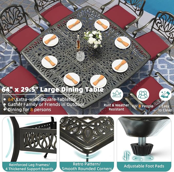 MEETWARM 9-Piece Outdoor Patio Dining Set for 8, All Weather Cast Aluminum Patio Funiture Table and Chairs Set- Large 64" Square Table and 2 Swivel Rocker Chairs, 6 Stationary, Umbrella Hole, Red