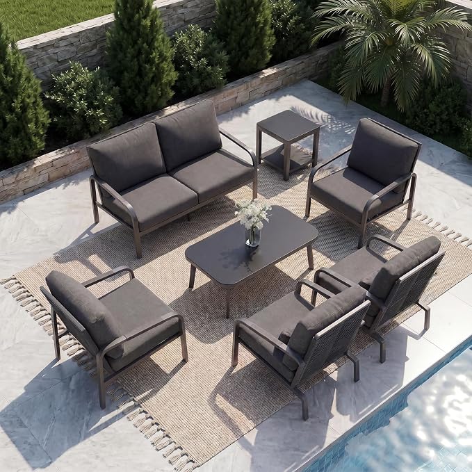 7 Piece Aluminum Patio Furniture Set, Outdoor Conversation Set with 3-Seat Sofa, 4 Chairs & 2 Coffee Tables, Cushioned Patio Seating for Backyard, Garden, Balcony, Grey