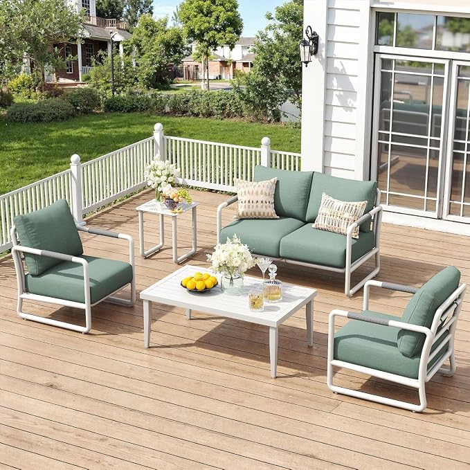 4-Piece Aluminum Patio Conversation Set, Modern Outdoor Sofa with Coffee Table, 6.5" Thick Cushions & All-Weather Rust-Resistant Frame, for Backyard, Poolside, Porch (White)
