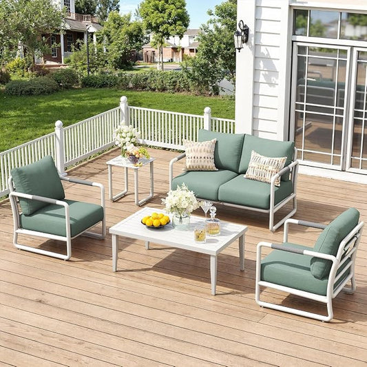 4-Piece Aluminum Patio Conversation Set, Modern Outdoor Sofa with Coffee Table, 6.5" Thick Cushions & All-Weather Rust-Resistant Frame, for Backyard, Poolside, Porch (White)