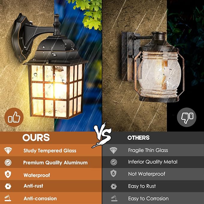 Dusk to Dawn Outdoor Wall Light Fixture, Waterproof Exterior Wall Lantern Porch Light with Photocell Sensor, Modern Bronze Outside Wall Sconce with E26 Socket for House Garage, 2-Pack