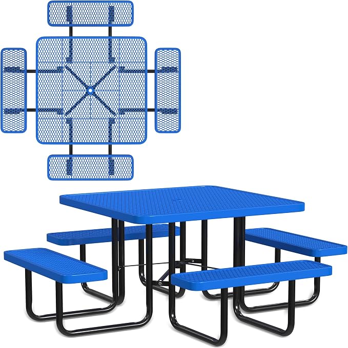 Leisure Craft Metal Picnic Table with Bench - 46" Square Outdoor Dining Table for 8 with Umbrella Hole, Weatherproof Heavy Duty Thermoplastic Coating, Commercial Grade Furniture Made in USA - Blue