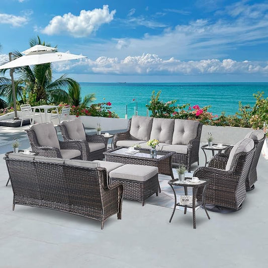 Belord 13 Piece Wicker Patio Furniture Set, Outdoor Swivel Rocker Chairs Set of 4 with Ottomans and Rattan Couch, All Weather Patio Conversation Furniture Set, for Pool,Yard Brown Wicker/Gray