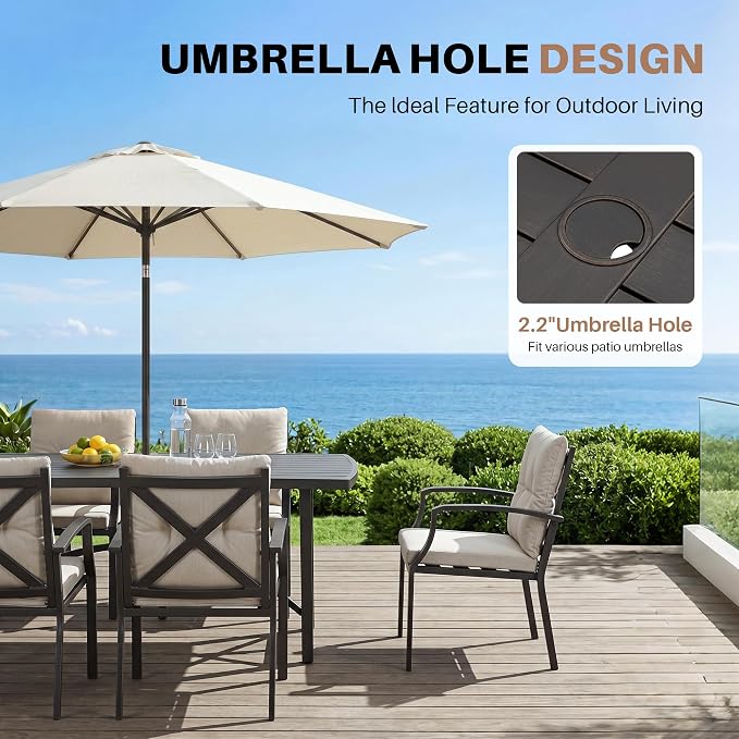 Never-Rust 72" x 36" Outdoor Table, Rectangular Aluminum Patio Table for 6 Person with Umbrella Hole, Heavy-Duty Indoor/Outdoor Table for Garden, Poolside, Backyard, Black