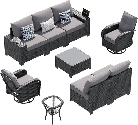 LazySunsets 9 PCS Patio Furniture Set, Outdoor Sectional All-Weather Wicker Conversation Set with Swivel Rocker Chairs, 4'' Thick Cushions for Backyard Poolside(Crey/Black)