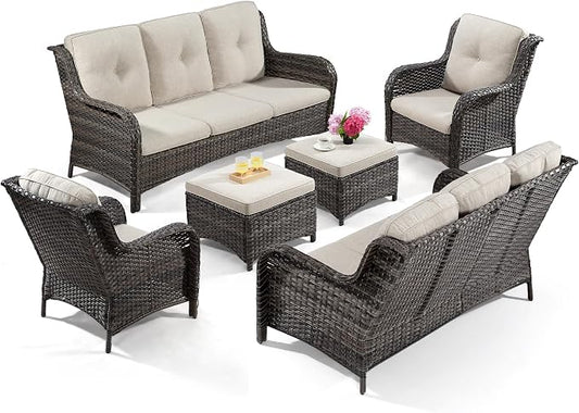 Outdoor Wicker Couch Set 6 Pieces - Outdoor Wicker Patio Furniture Set with 2 Armchairs, 2 Couch and 2 Ottomans, Olefin Cushions Included(Mixed Grey/Beige)