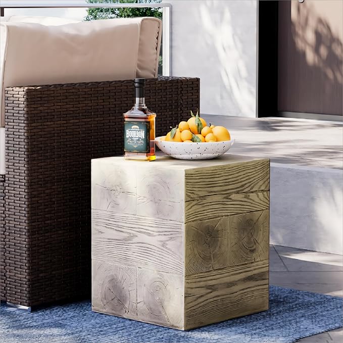 SUNBURY Outdoor Side Table Square, Faux Wooden Concrete Side Table End Table, Stump Stool for Patio Stand, Deck or Garden, Light Walnut