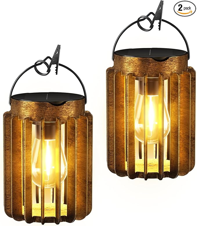 2 Pack Solar Lanterns Outdoor Waterproof, Retro Metal Hanging Lantern | 12-Hr Runtime Outdoor Solar Lantern, Auto On At Dusk, High Bright Hanging Solar Lights for Garden Porch Patio Yard Decor