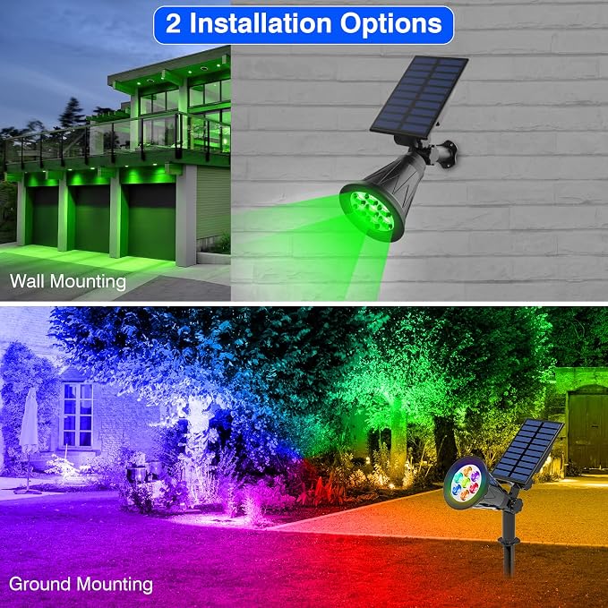 T-SUN Color Changing Solar Spot Lights Outdoor Waterproof, 7 LEDs, 2 Pack | 7 Color Changing Modes, IP65 Waterproof Dusk to Dawn Solar Uplights for Tree, Patio, Yard, Garden, Driveway, Pool Area