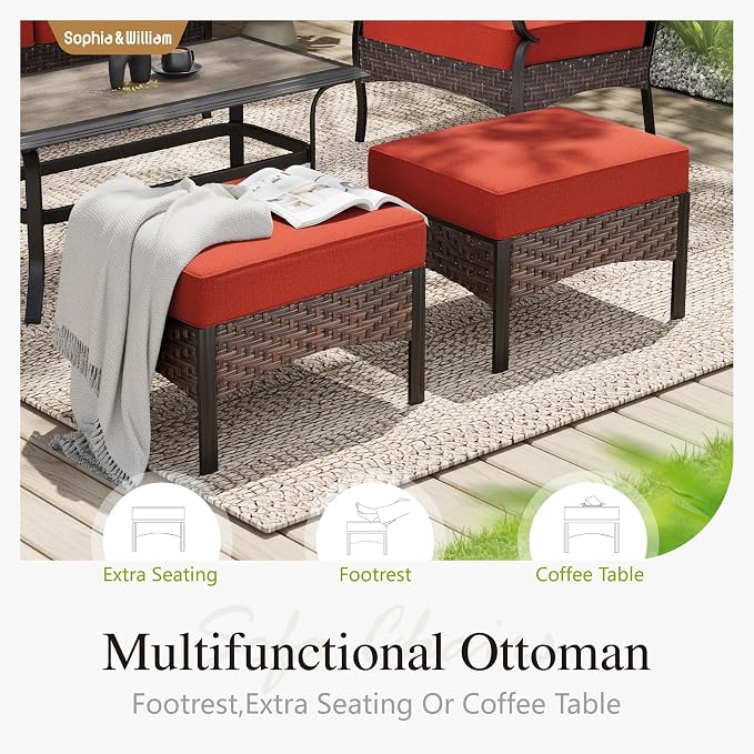 Sophia & William Patio Furniture Set with 56" Fire Pit Table, 9 Seats Metal Frame Outdoor Conversation Sets Wicker Patio Sectional Sofa Set with Ottomans for Porch, Deck, Poolside, Red