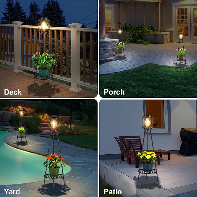 VISFLAIR 2 Pack Solar Lights with Plant Stand, Outdoor Floor Lamp, Waterproof Solar LED Edison Bulb Floor Lamps for Patio Porch Deck Yard Garden Decor